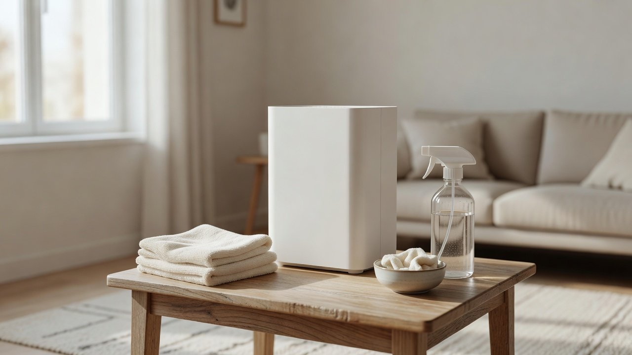 Air purifier in a home interior, how to clean an air purifiers plastic casing