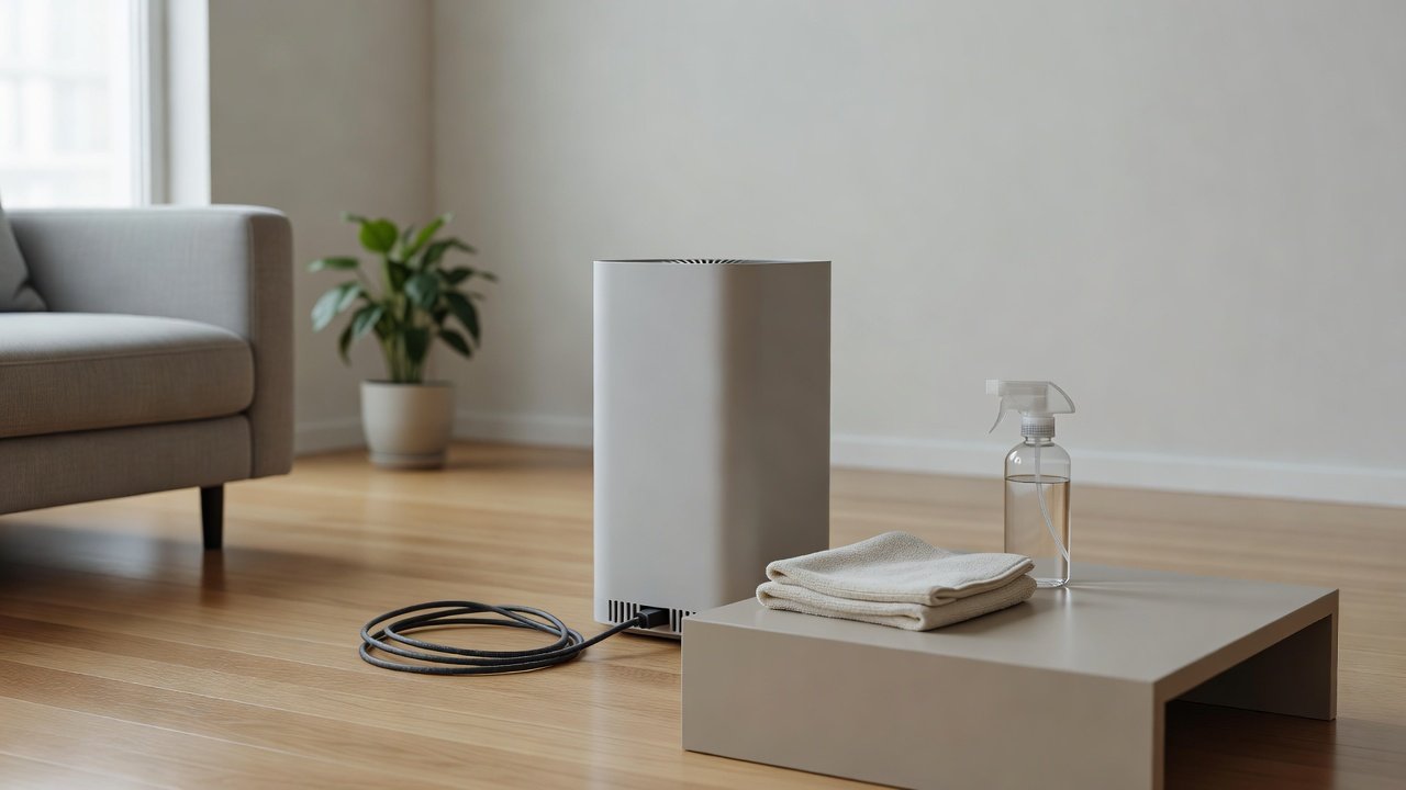 Air purifier in a home interior, how to clean an air purifiers power cord safely