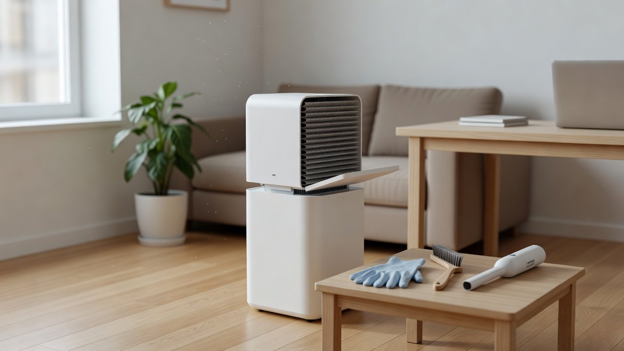 Air purifier in a home interior, how to clean hepa filter properly