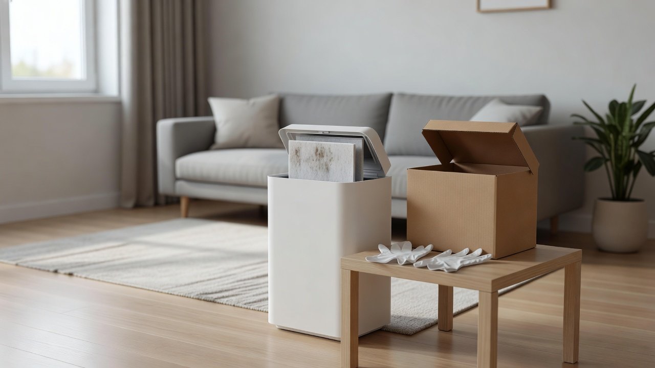 Air purifier in a home interior, how to properly dispose of used air purifier filters