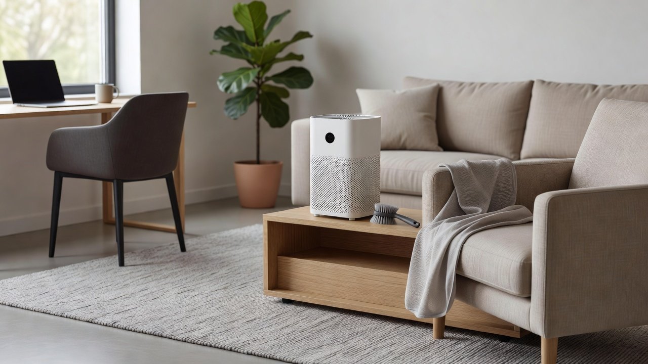 Air purifier in a home interior, how to protect air purifiers from pet hair buildup