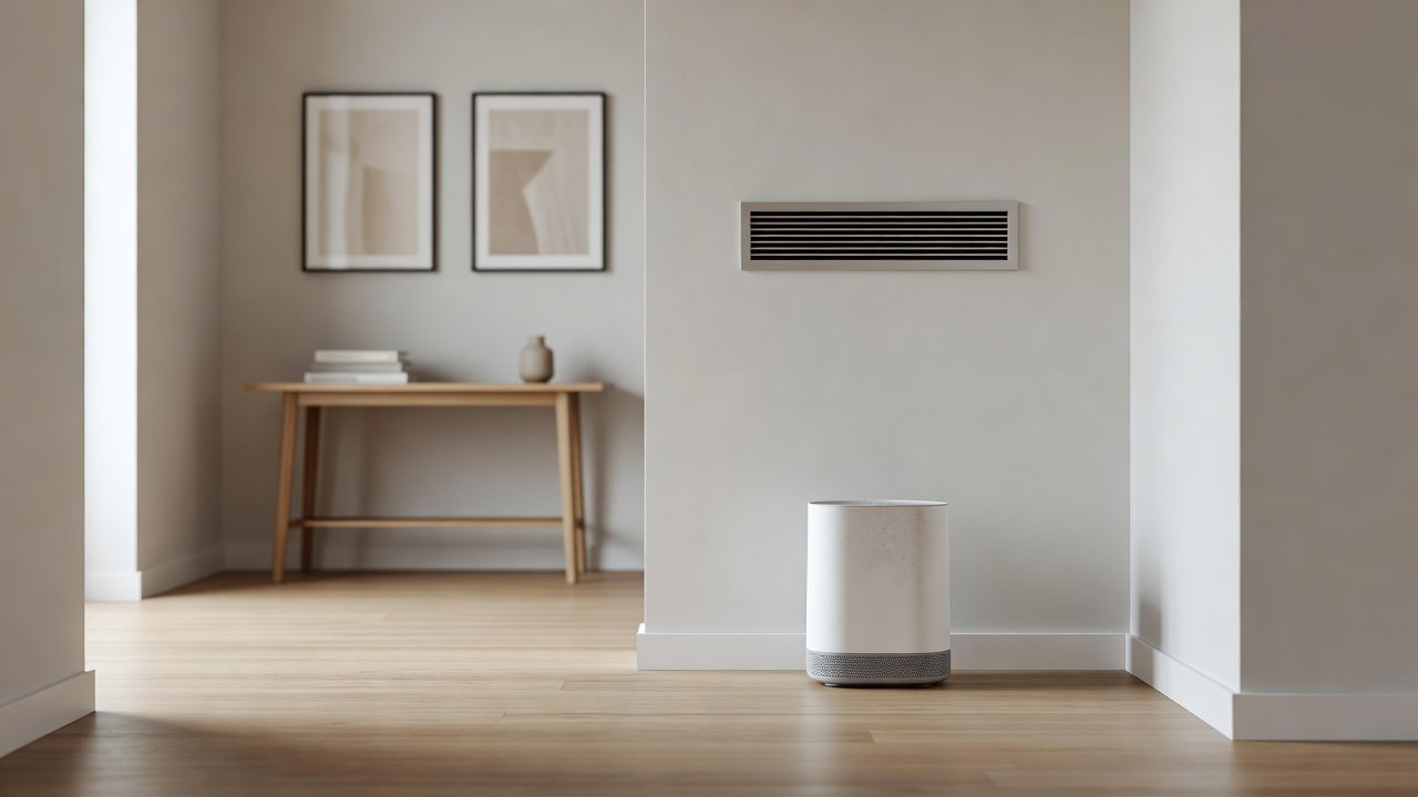 Photo of a ceiling air vent above a portable air purifier in a home hallway