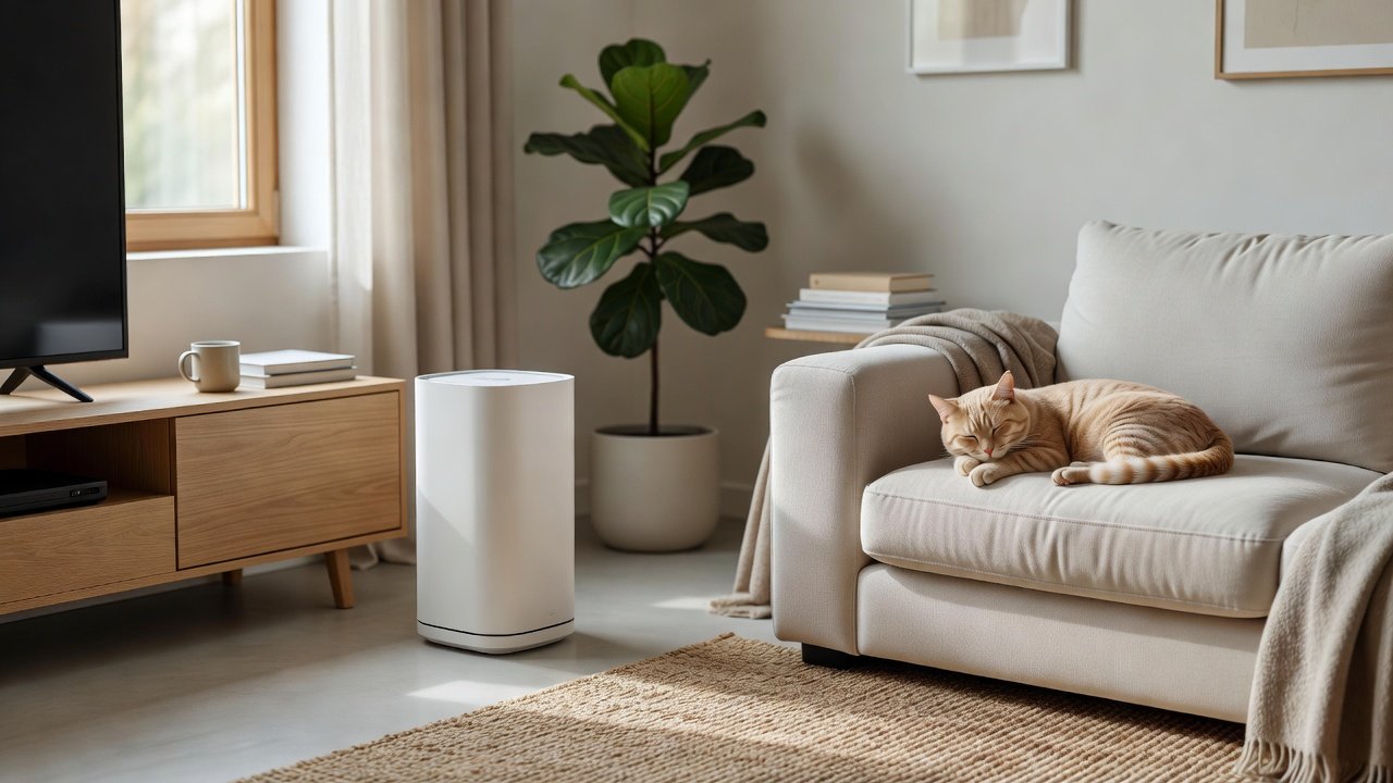 Photo of a sleek quiet air purifier in a living room with a cat sleeping nearby