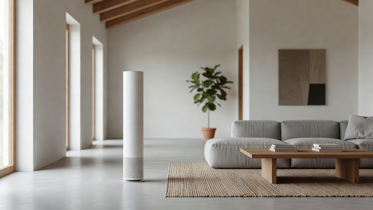 Photo of a tall air purifier in a large open-plan living room