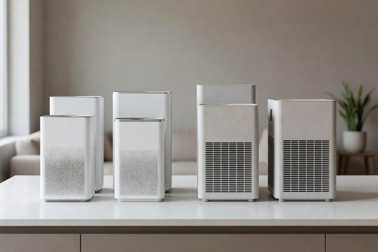 Photo of generic air purifiers related to Levoit and Winix air purifiers compared side by side