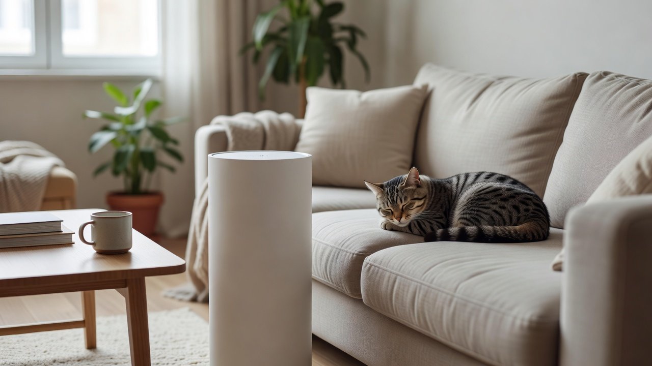 Photo of a cat on a sofa near a tall air purifier in a cozy home