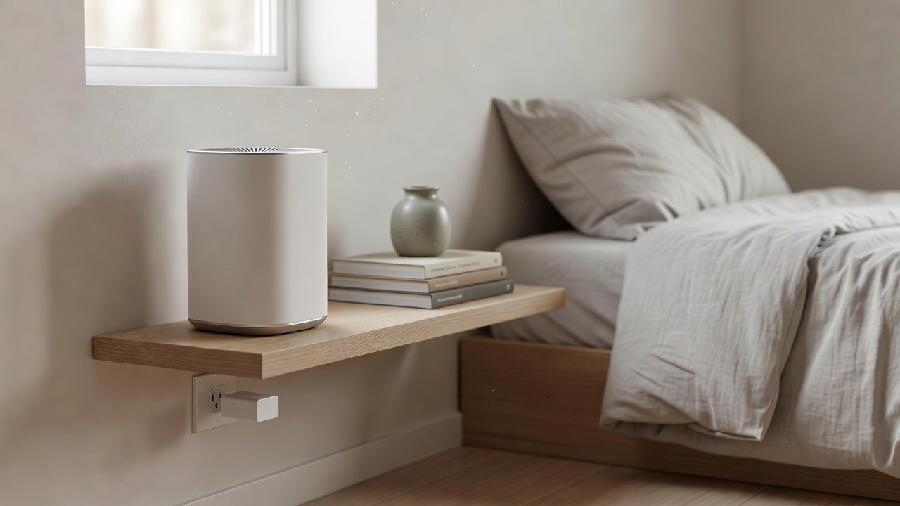 Photo of a tiny plug-in device beside a compact air purifier in a small bedroom
