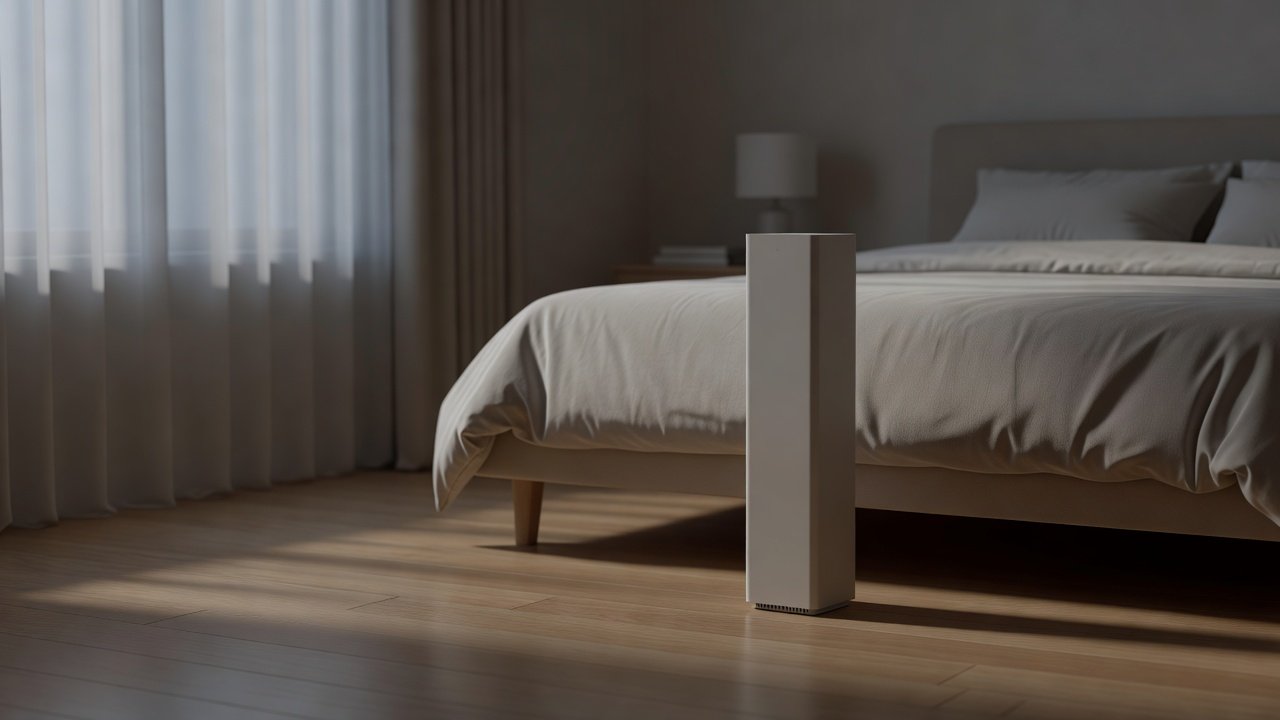 Photo of a quiet slim air purifier beside a bed in a dim bedroom