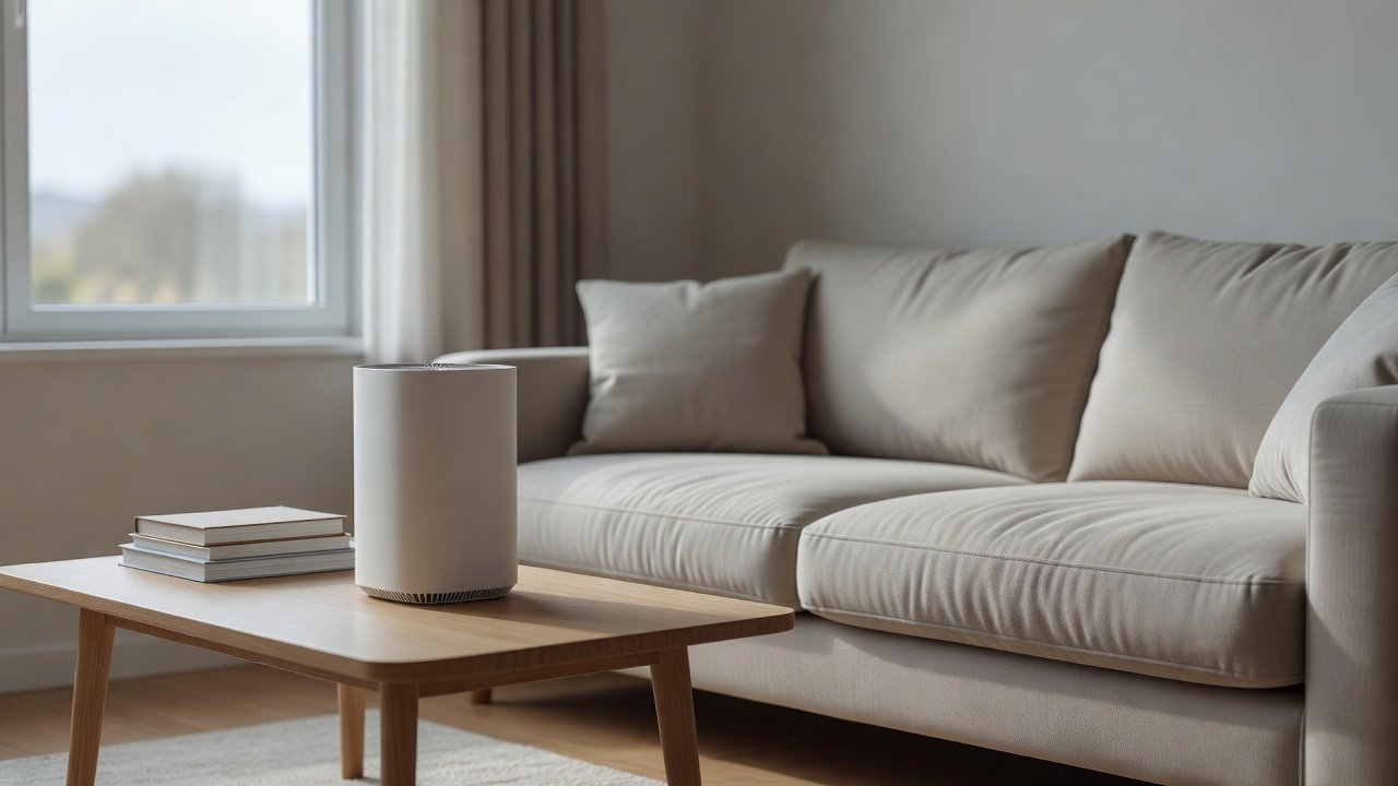 Photo of a modern room air purifier in a comfortable living room
