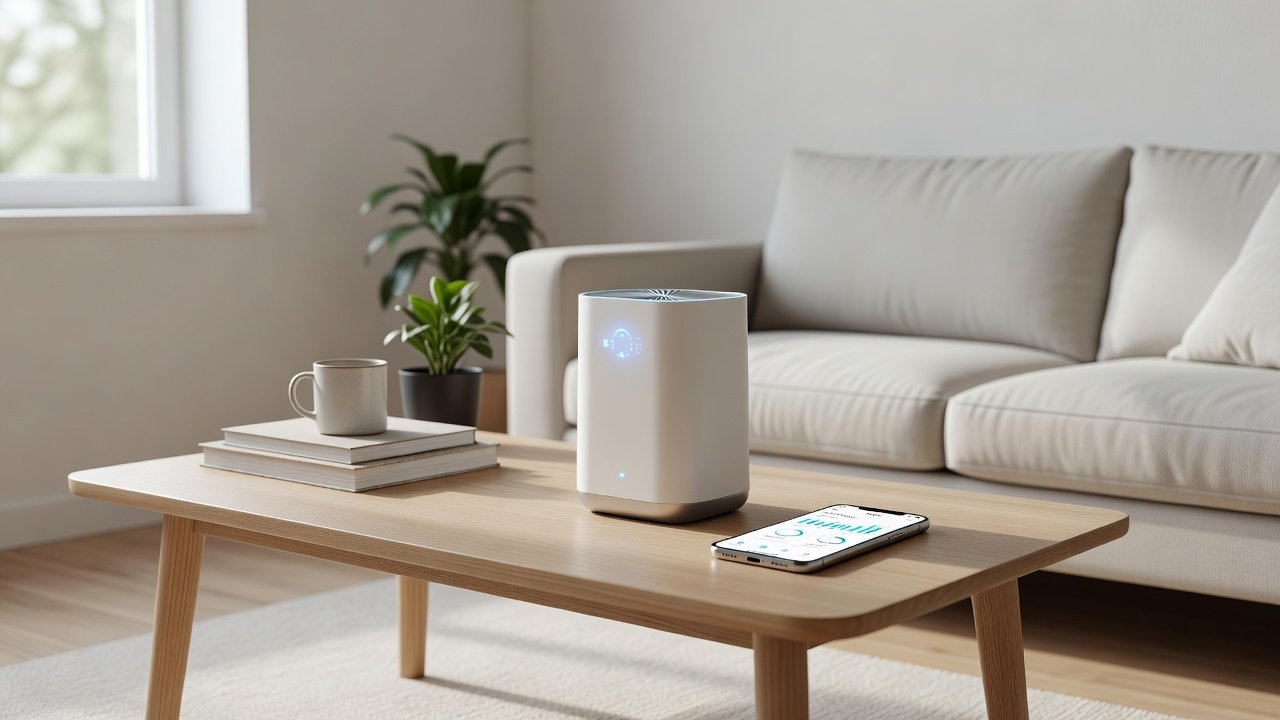 Photo of a smart air purifier next to a smartphone showing an app